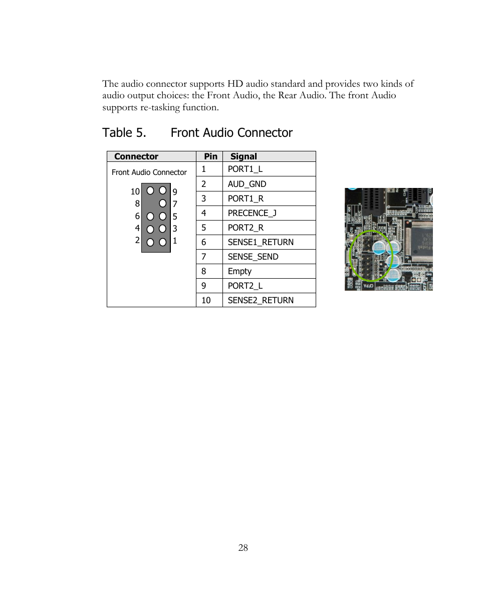 Audio, Table 5. front audio connector | EVGA 141-BL-E757 User Manual | Page 28 / 76