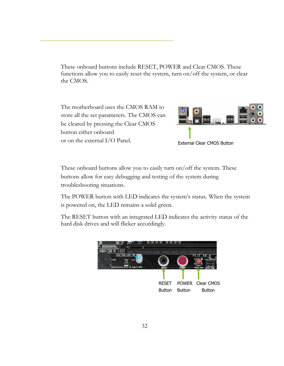 Onboard buttons, Clear cmos button, Reset and power button | EVGA 141-BL-E757 User Manual | Page 32 / 76