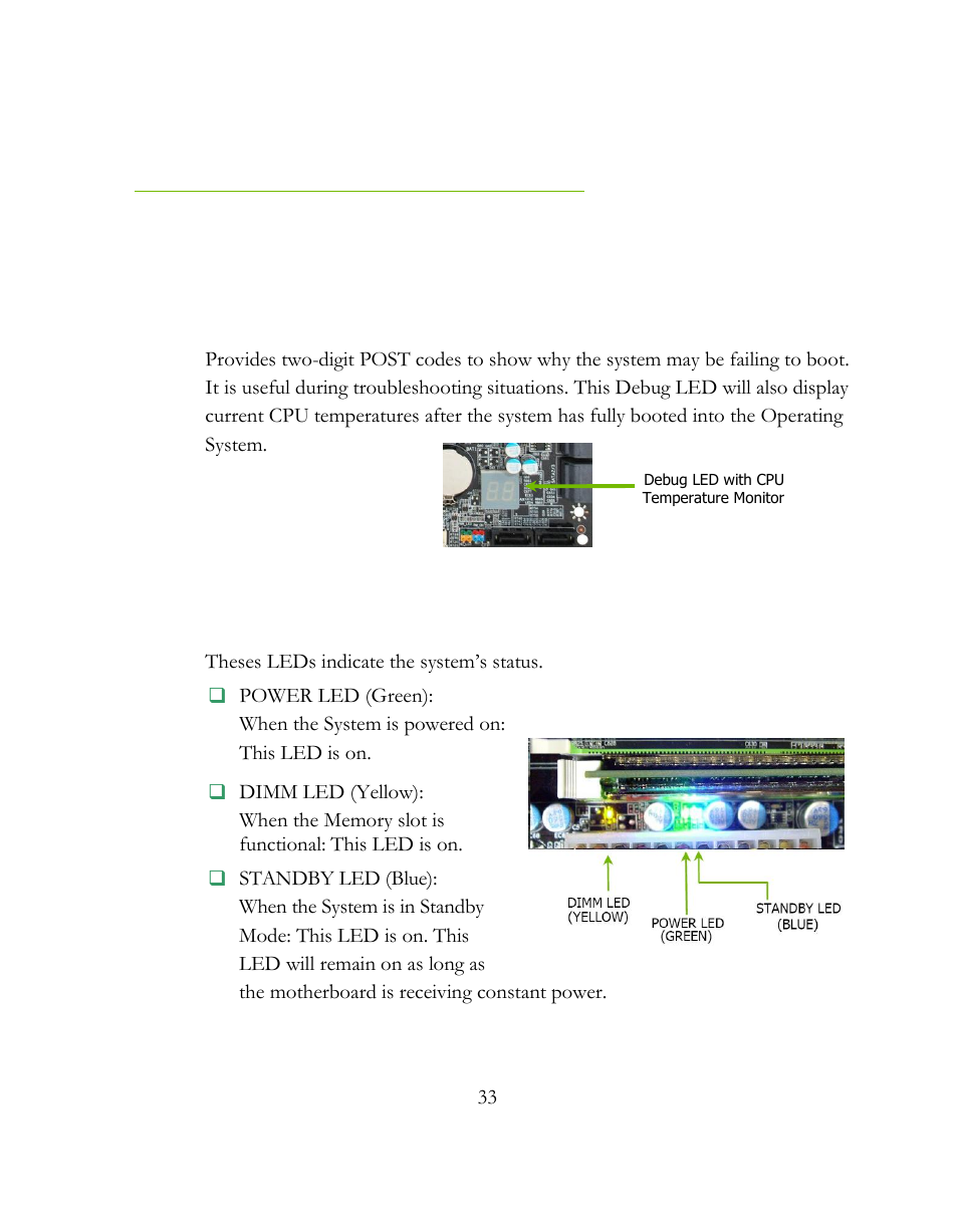 Post port debug led and led status indicators, Post port debug led, Led status indicators | EVGA 141-BL-E757 User Manual | Page 33 / 76