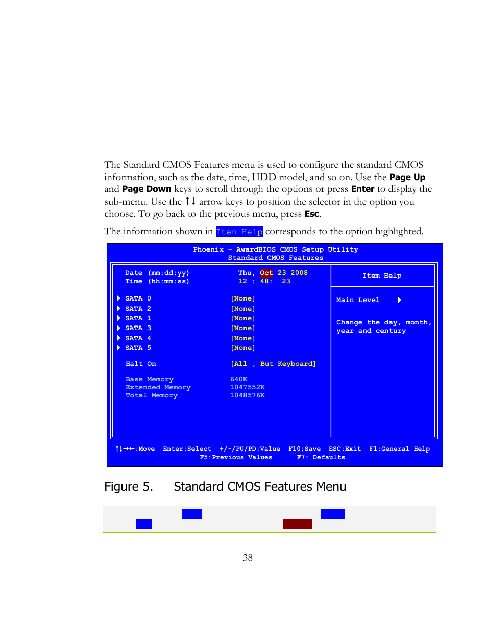 Standard cmos features menu, Figure 5. standard cmos features menu, Keys to scroll through the options or press | The information shown in, Corresponds to the option highlighted | EVGA 141-BL-E757 User Manual | Page 38 / 76