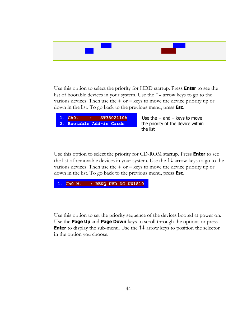 Hard disk boot priority, Cd-rom device priority, First/second/third boot device | EVGA 141-BL-E757 User Manual | Page 44 / 76