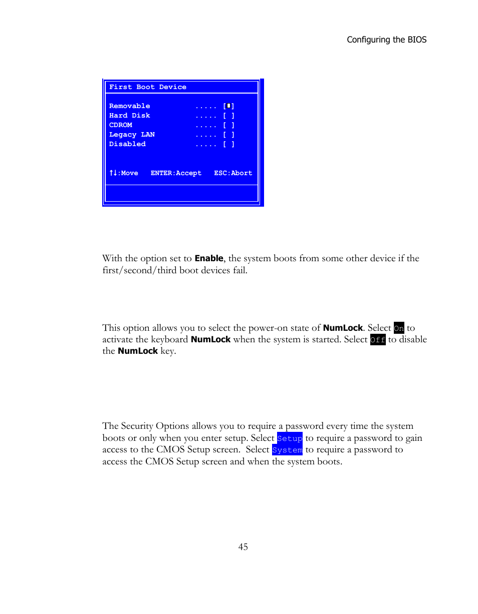 Boot other device, Boot up numlock status, Security option | EVGA 141-BL-E757 User Manual | Page 45 / 76