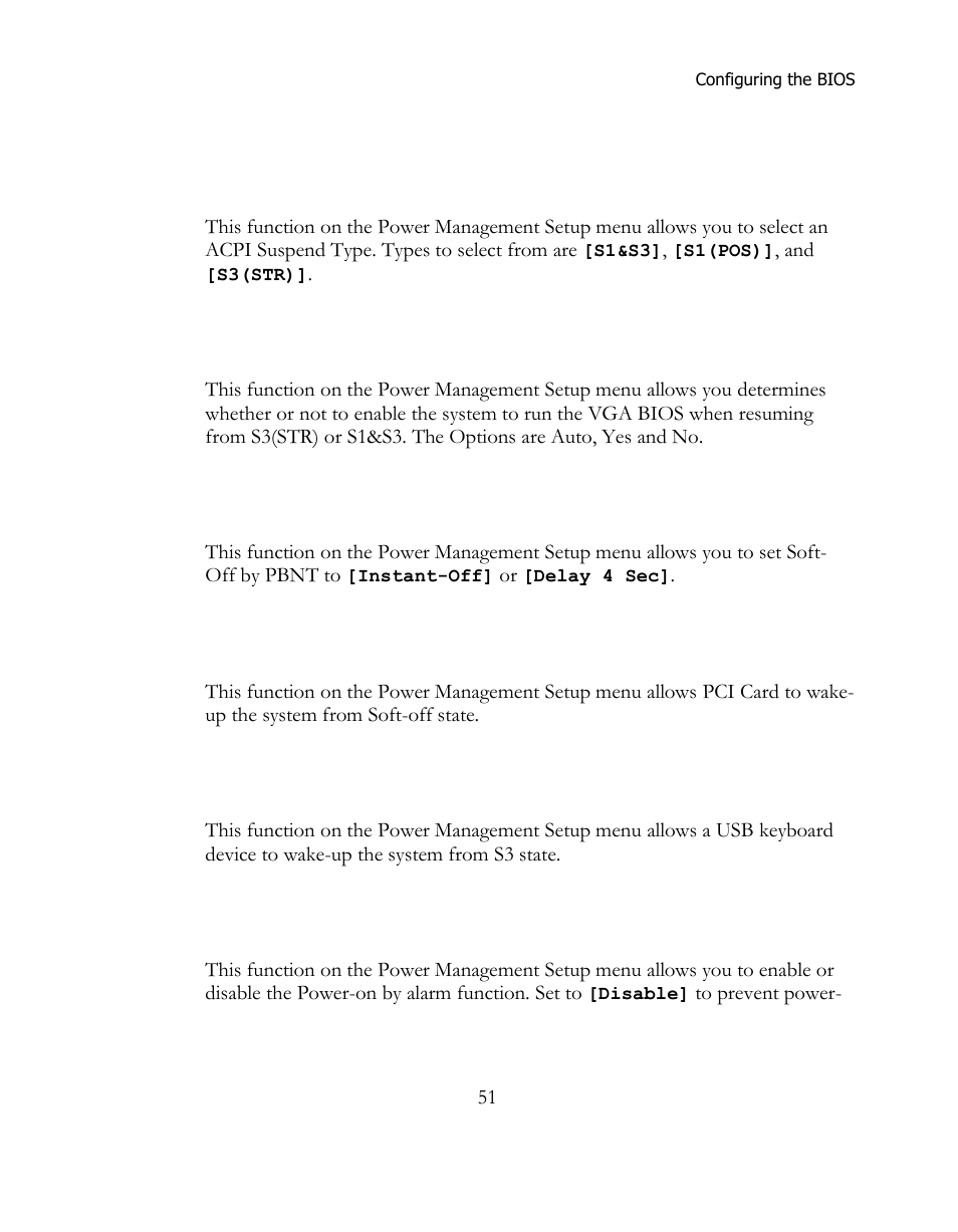 Acpi suspend type, Run vgabios if s3 resume, Soft-off by pwr-bttn | Wake-up by pci card, Usb kb wake-up from s3, Resume by alarm | EVGA 141-BL-E757 User Manual | Page 51 / 76