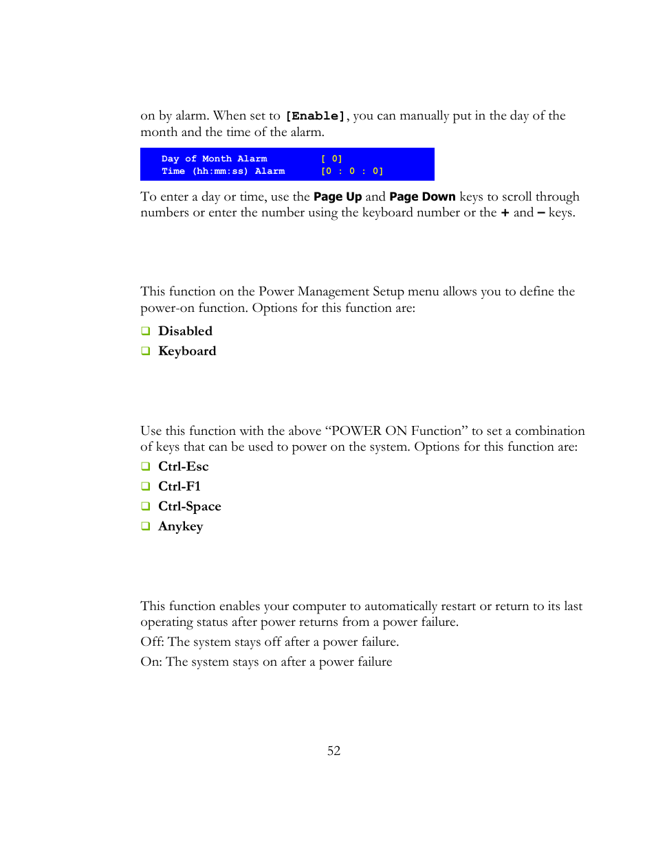 Power on function, Hot key power on, Pwron after pwr-fail | EVGA 141-BL-E757 User Manual | Page 52 / 76