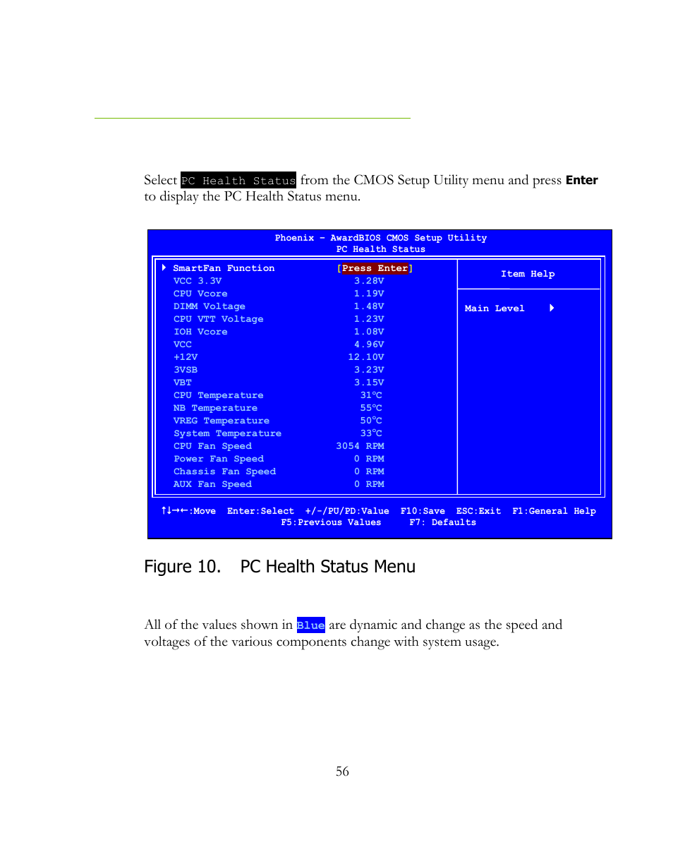 Pc health status menu, Figure 10. pc health status menu, Select | All of the values shown in | EVGA 141-BL-E757 User Manual | Page 56 / 76