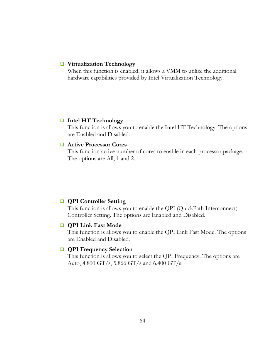 Logical processor setting, Qpi controller setting | EVGA 141-BL-E757 User Manual | Page 64 / 76