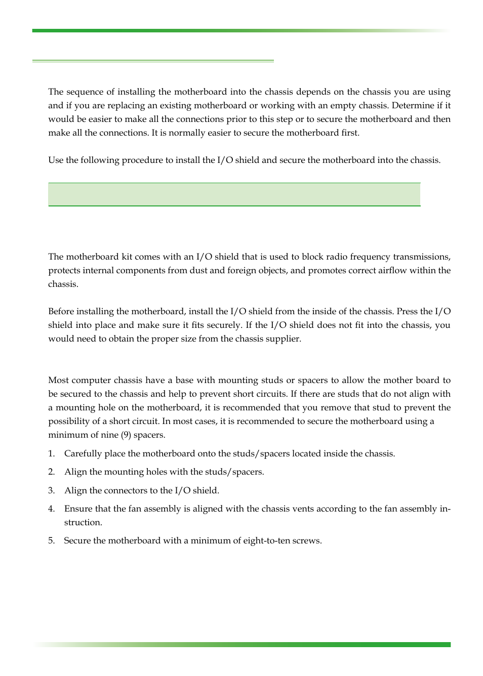 Installing the motherboard, Installing the i/o shield, Securing the motherboard into the chassis | EVGA nForce 123-YW-E175 User Manual | Page 17 / 58