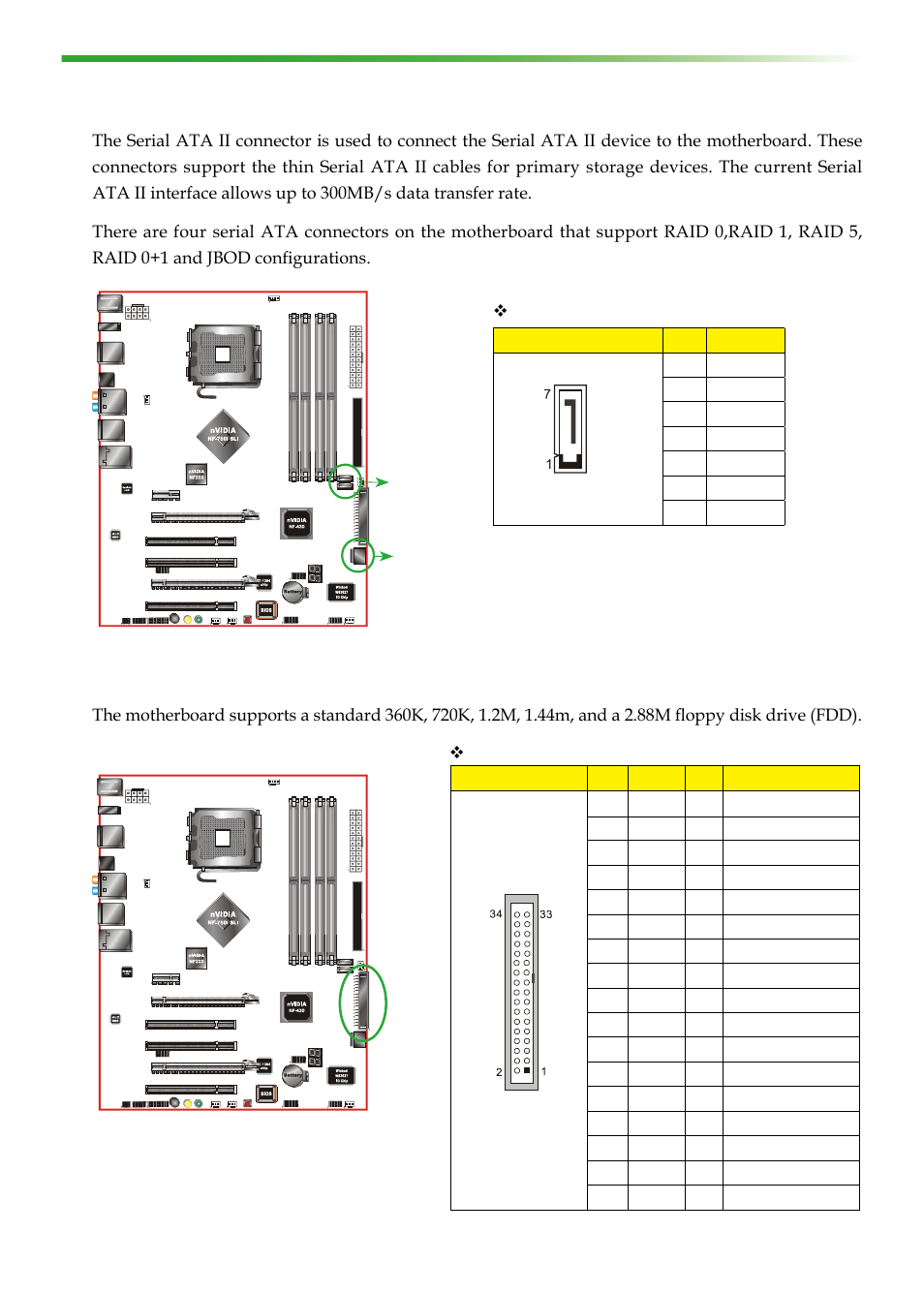 Connecting floppy disk drive, Connecting serial ata cables | EVGA nForce 123-YW-E175 User Manual | Page 21 / 58