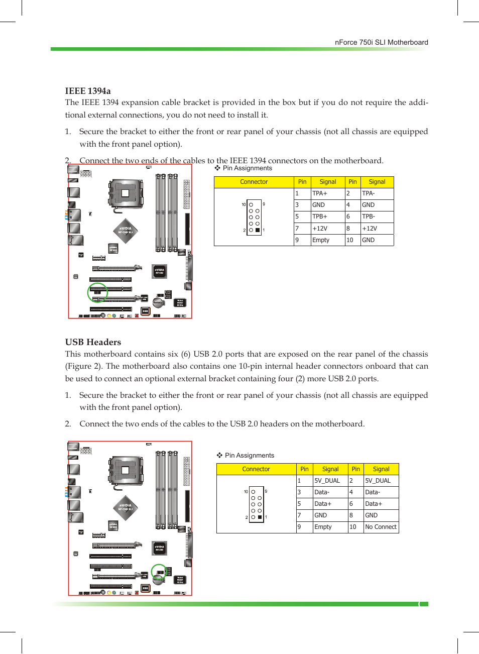 Ieee 1394a, Usb headers | EVGA nForce 123-YW-E175 User Manual | Page 23 / 58