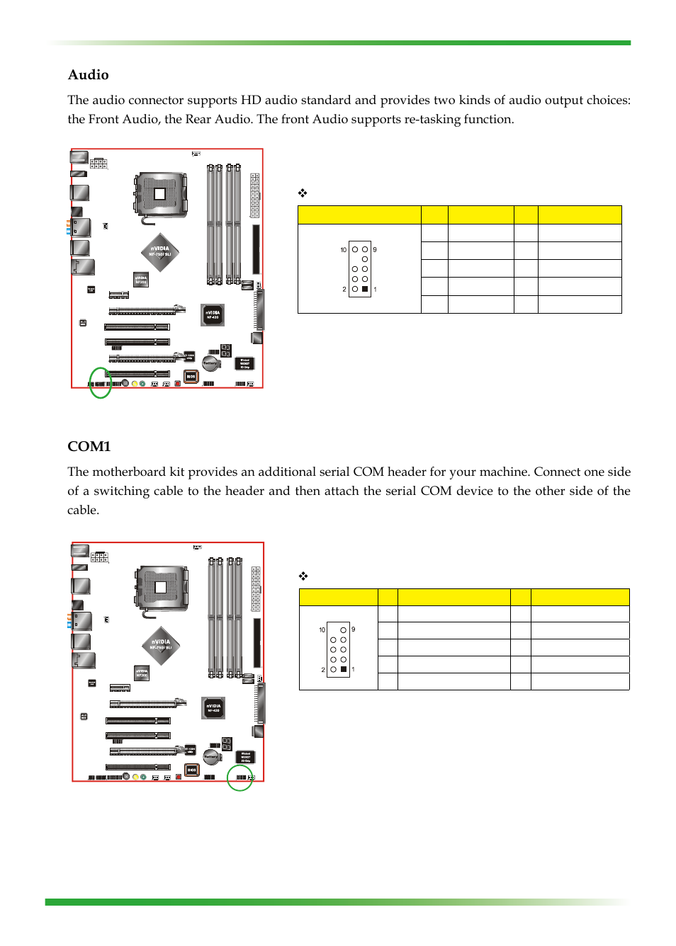 Audio, Com1 | EVGA nForce 123-YW-E175 User Manual | Page 24 / 58