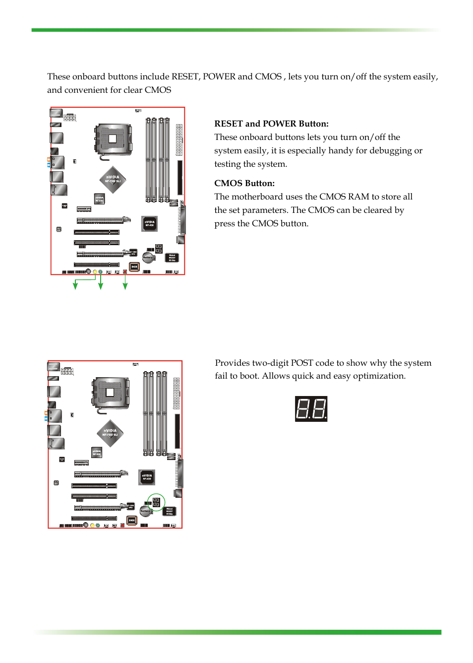 Onboard buttons, Post port debug led | EVGA nForce 123-YW-E175 User Manual | Page 27 / 58