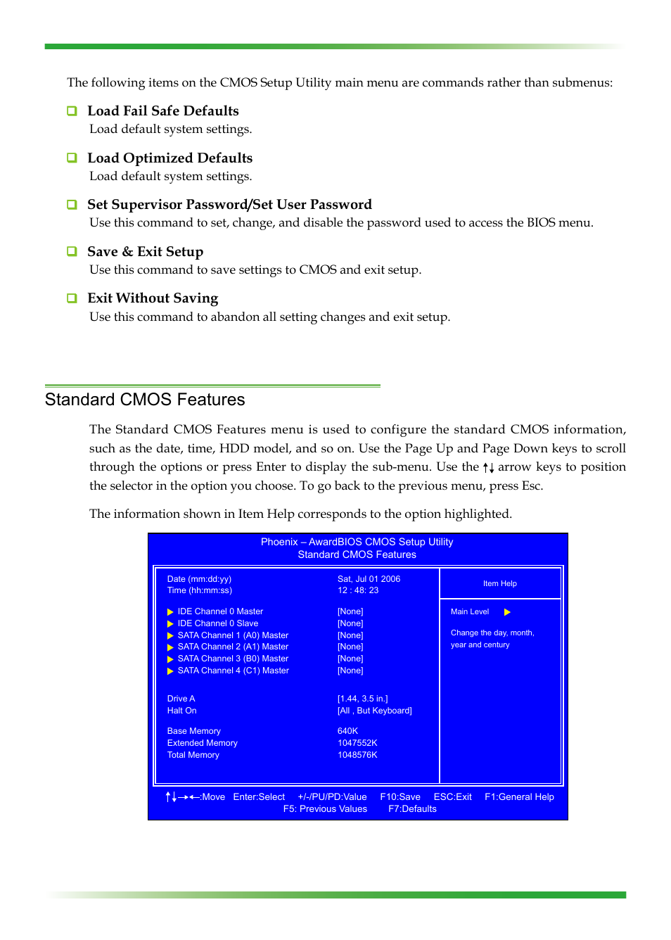 Standard cmos features, Load fail safe defaults, Load optimized defaults | Set supervisor password/set user password, Save & exit setup, Exit without saving, Load default system settings | EVGA nForce 123-YW-E175 User Manual | Page 30 / 58