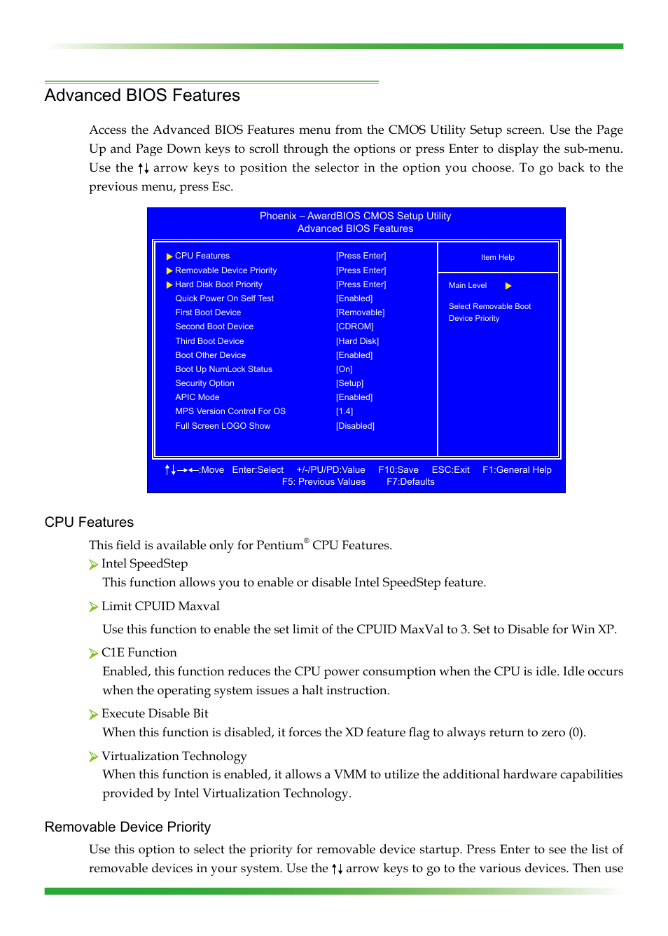 Advanced bios features, Cpu features, Removable device priority | EVGA nForce 123-YW-E175 User Manual | Page 31 / 58