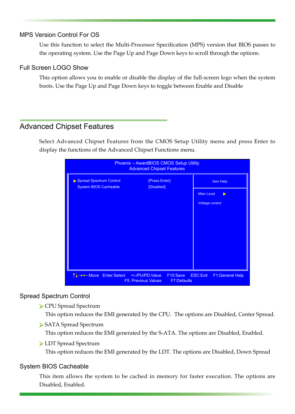 Advanced chipset features, Mps version control for os, Full screen logo show | Spread spectrum control, System bios cacheable | EVGA nForce 123-YW-E175 User Manual | Page 33 / 58