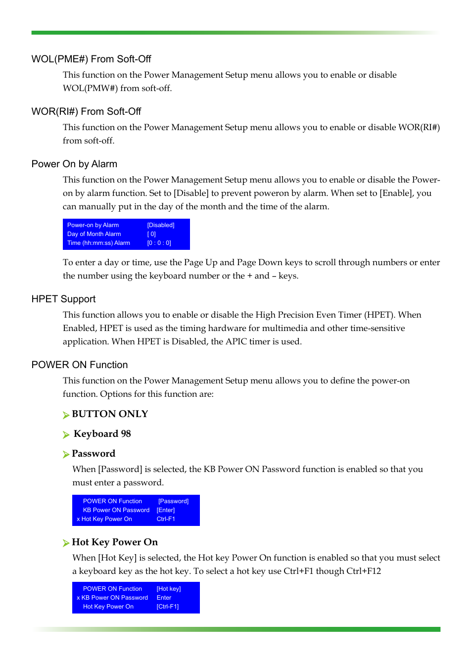 Wol(pme#) from soft-off, Wor(ri#) from soft-off, Power on by alarm | Hpet support, Power on function, Button only, Keyboard 98, Password, Hot key power on | EVGA nForce 123-YW-E175 User Manual | Page 38 / 58