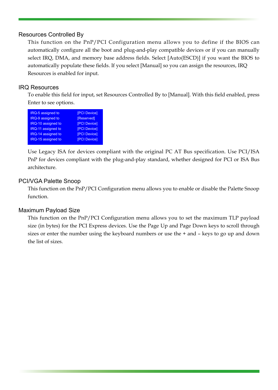 Resources controlled by, Irq resources, Pci/vga palette snoop | Maximum payload size | EVGA nForce 123-YW-E175 User Manual | Page 40 / 58