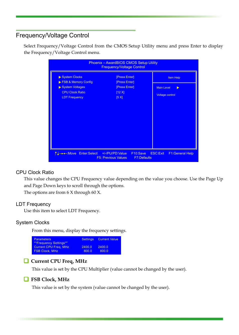 Frequency/voltage control, Cpu clock ratio, Ldt frequency | System clocks, Current cpu freq, mhz, Fsb clock, mhz | EVGA nForce 123-YW-E175 User Manual | Page 42 / 58