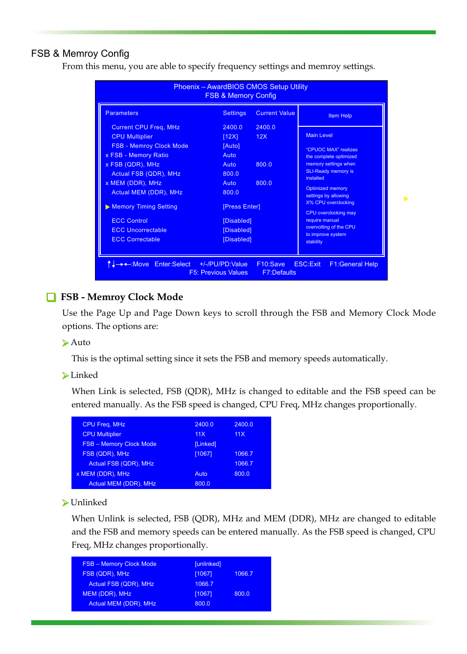 Fsb & memroy config, Fsb - memroy clock mode | EVGA nForce 123-YW-E175 User Manual | Page 43 / 58