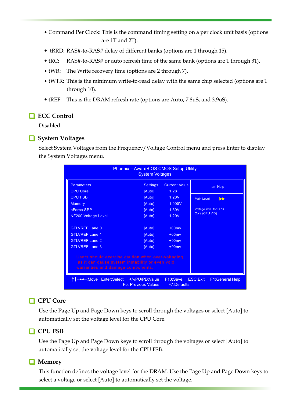 Ecc control, System voltages, Cpu core | Cpu fsb | EVGA nForce 123-YW-E175 User Manual | Page 45 / 58