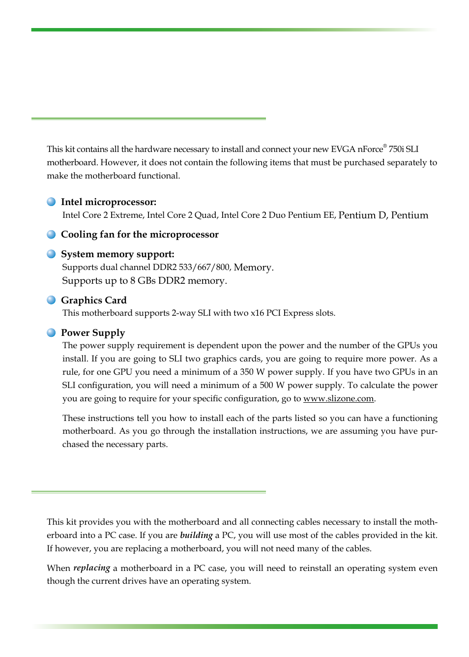 Before you begin, Parts not in the kit, Intentions of the kit | EVGA nForce 123-YW-E175 User Manual | Page 7 / 58