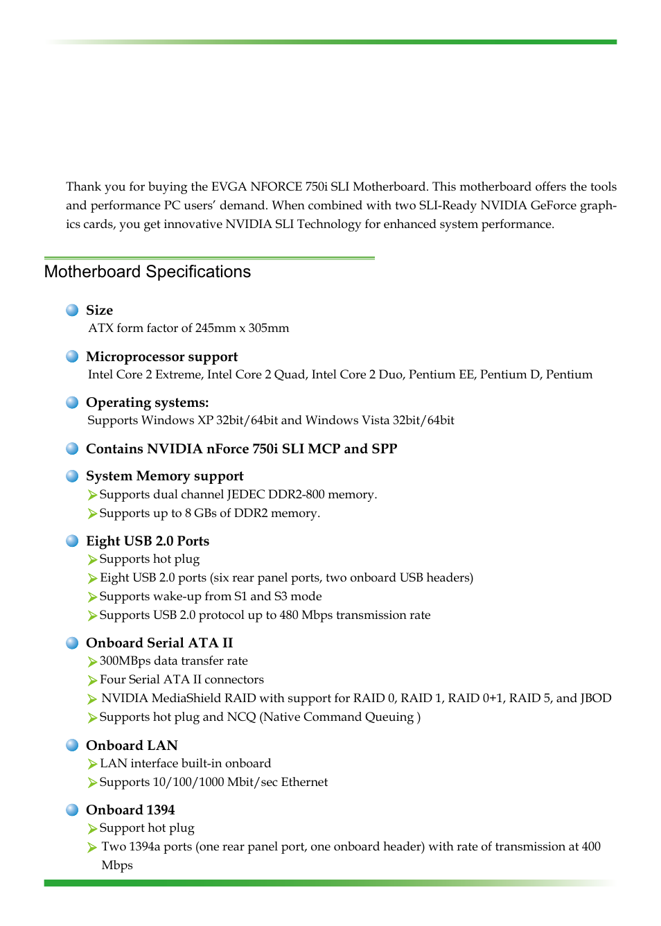 Evga nforce 750i motherboard, Motherboard specifications | EVGA nForce 123-YW-E175 User Manual | Page 8 / 58