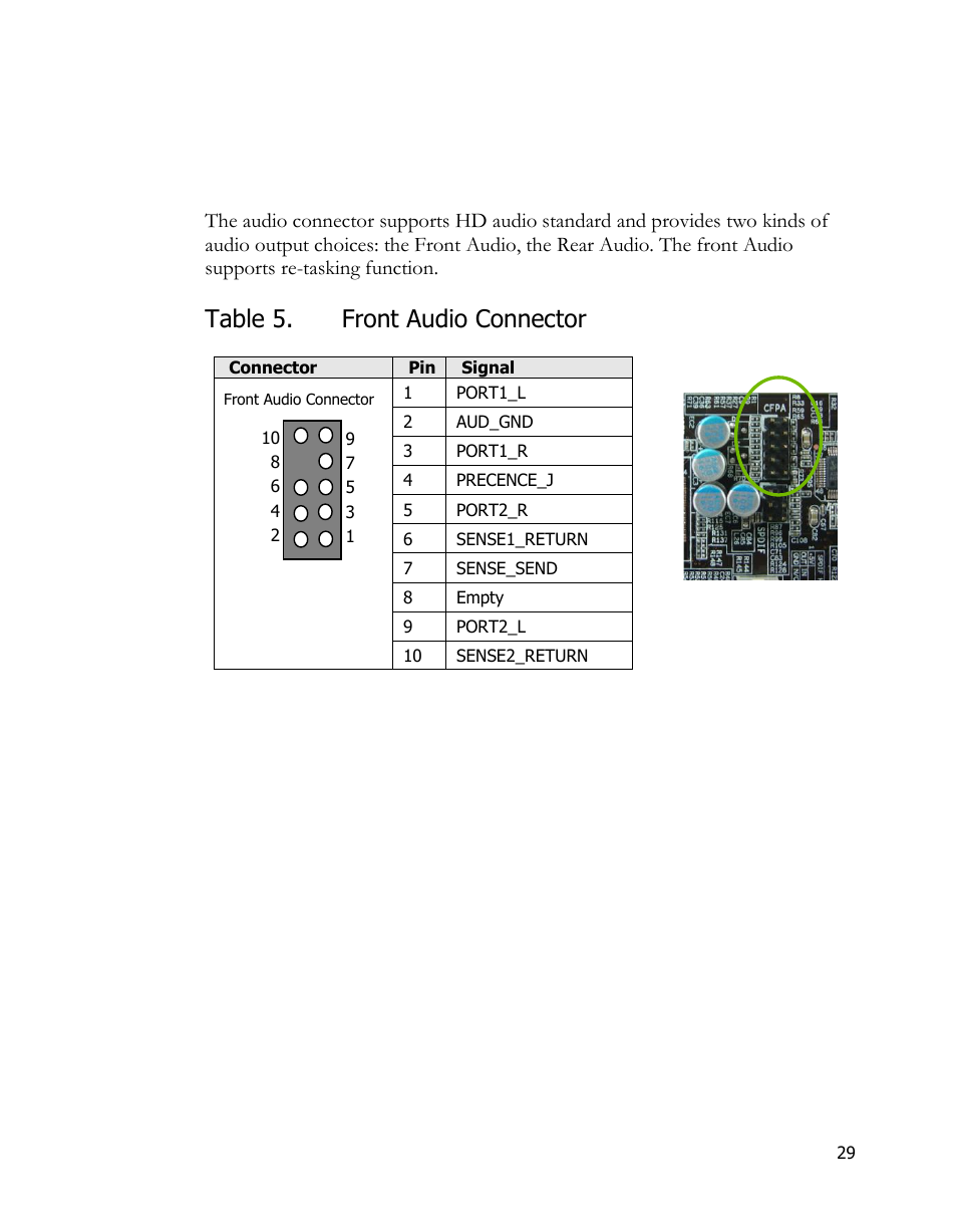 Audio, Table 5. front audio connector | EVGA 170-BL-E762 User Manual | Page 27 / 84