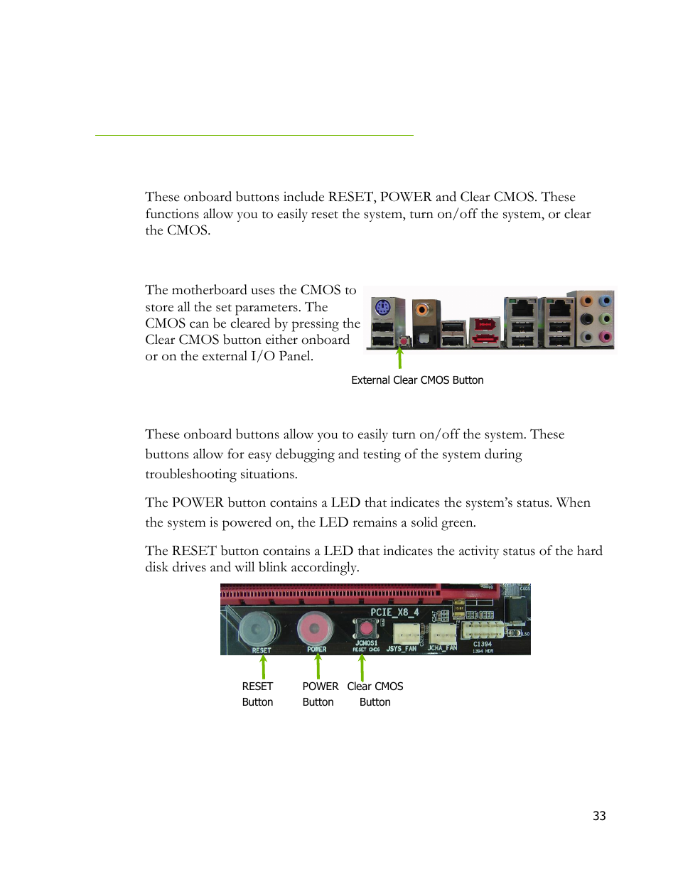 Onboard buttons, Clear cmos button, Reset and power button | EVGA 170-BL-E762 User Manual | Page 31 / 84