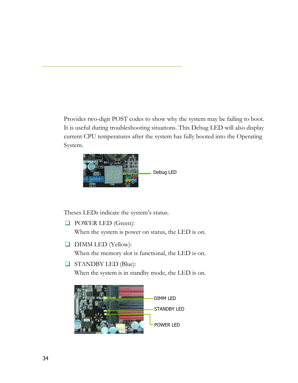 Post port debug led and led status indicators, Post port debug led, Led status indicators | EVGA 170-BL-E762 User Manual | Page 32 / 84