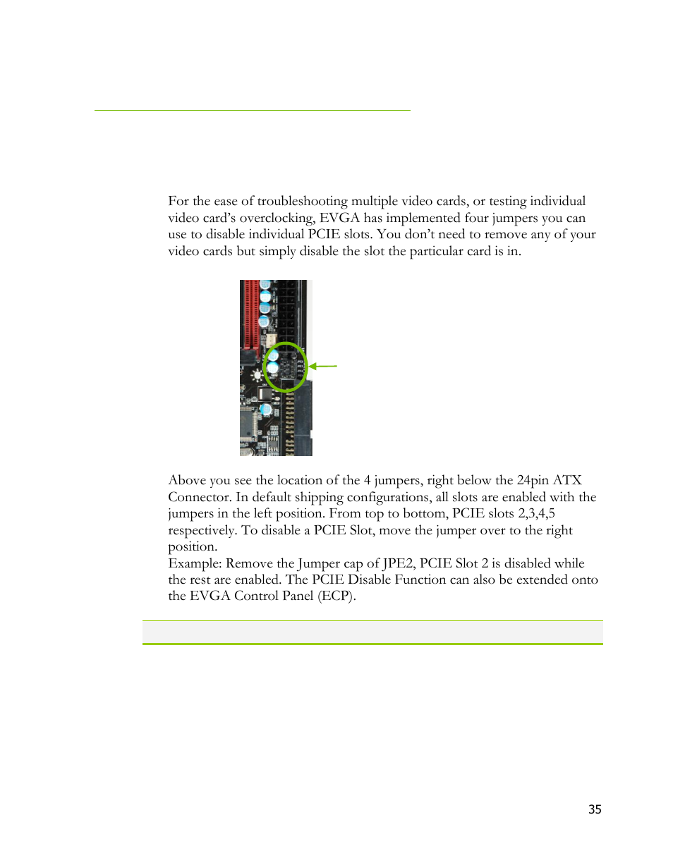 Jumper settings, Pcie disable jumper | EVGA 170-BL-E762 User Manual | Page 33 / 84