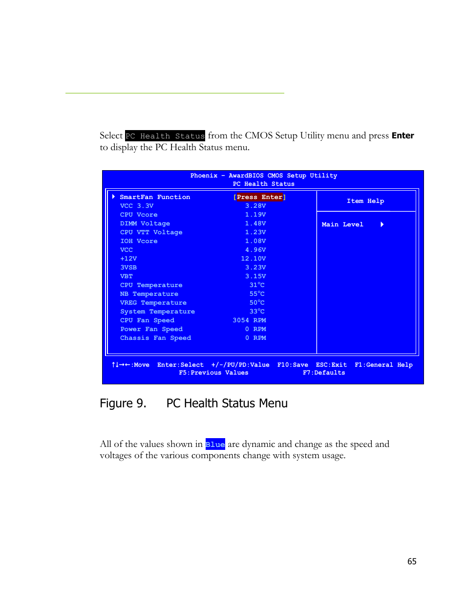 Pc health status menu, Figure 9. pc health status menu, Select | All of the values shown in | EVGA 170-BL-E762 User Manual | Page 63 / 84