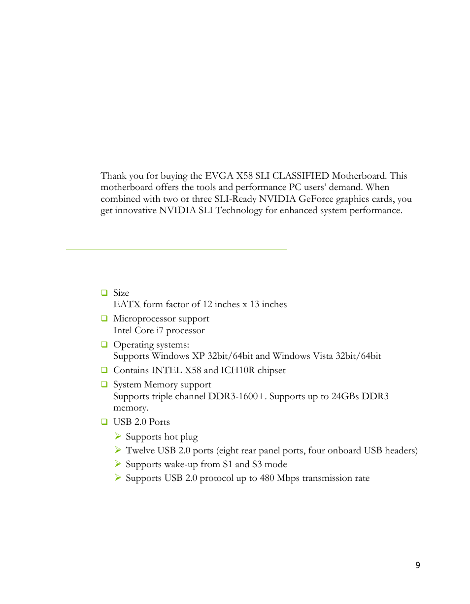 Evga x58 sli classified motherboard, Motherboard specifications | EVGA 170-BL-E762 User Manual | Page 7 / 84