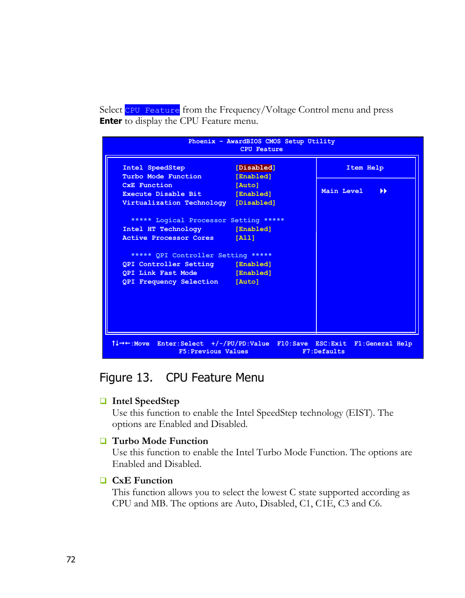 Cpu feature, Figure 13. cpu feature menu, Select | EVGA 170-BL-E762 User Manual | Page 70 / 84