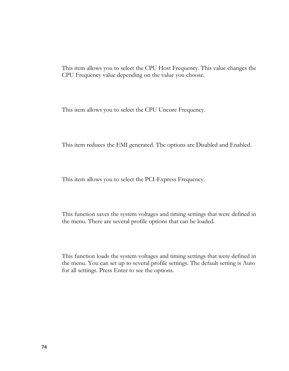 Cpu host frequency (mhz), Cpu uncore frequency (mhz), Spread spectrum | Pcie frequency (mhz), Save profile, Load profile | EVGA 170-BL-E762 User Manual | Page 72 / 84