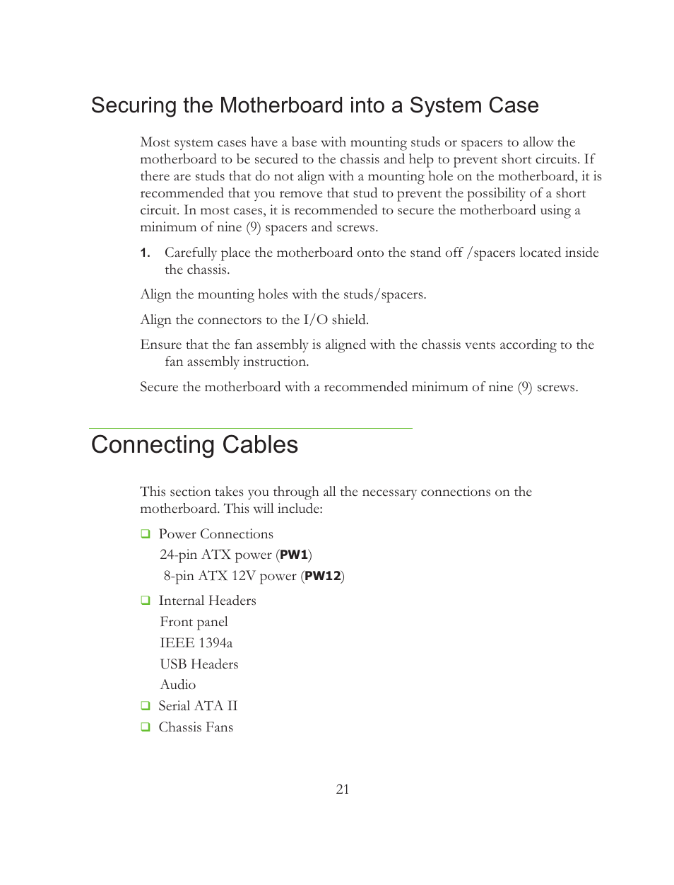 Connecting cables, Securing the motherboard into a system case | EVGA 121-BL-E756 User Manual | Page 20 / 74