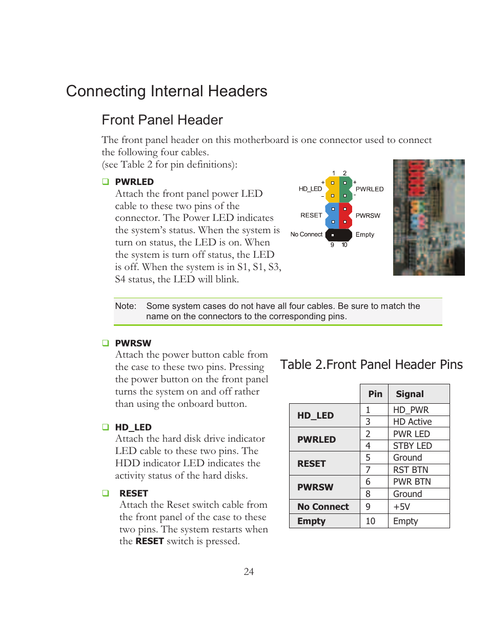 Connecting internal headers, Front panel header, Table 2.front panel header pins | EVGA 121-BL-E756 User Manual | Page 23 / 74