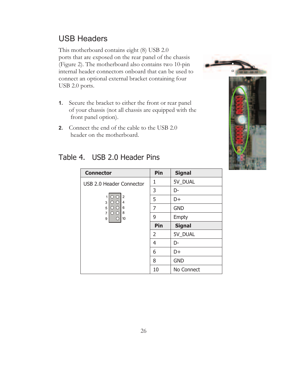 Usb headers, Table 4. usb 2.0 header pins | EVGA 121-BL-E756 User Manual | Page 25 / 74