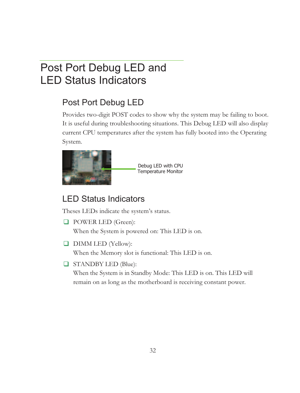 Post port debug led and led status indicators, Post port debug led, Led status indicators | EVGA 121-BL-E756 User Manual | Page 31 / 74