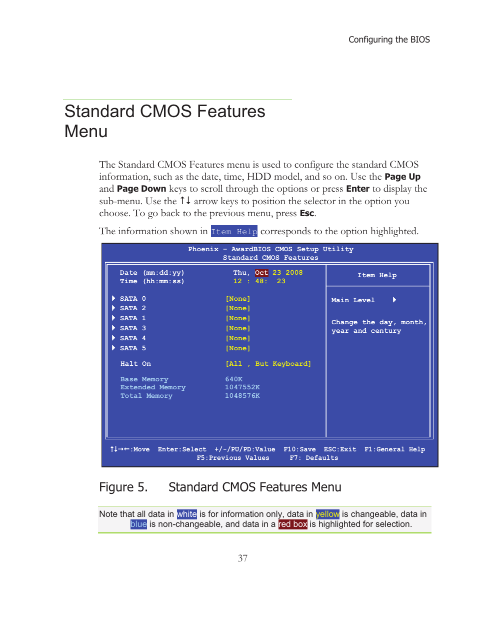 Standard cmos features menu, Figure 5. standard cmos features menu, Keys to scroll through the options or press | The information shown in, Corresponds to the option highlighted | EVGA 121-BL-E756 User Manual | Page 36 / 74