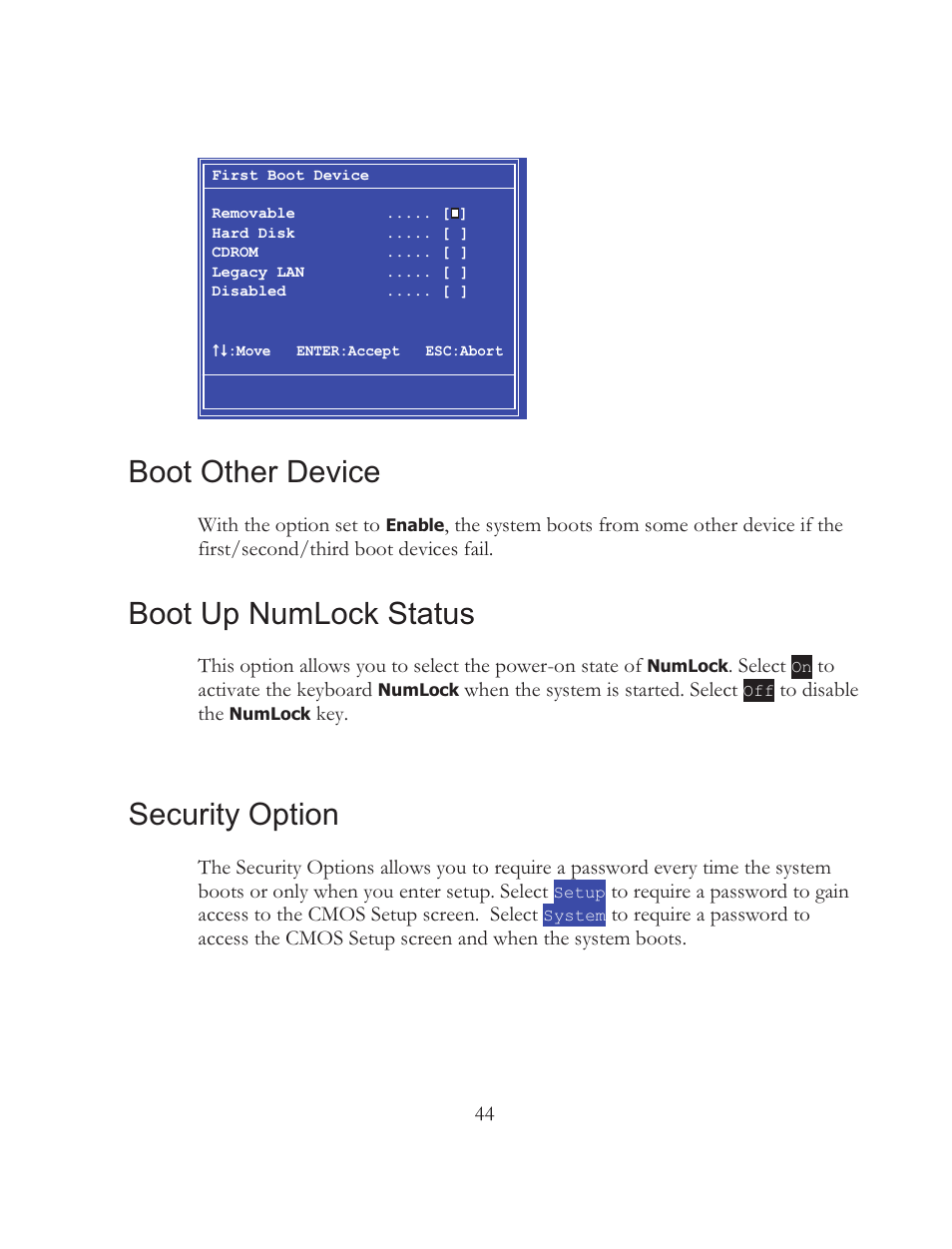 Boot other device, Boot up numlock status, Security option | EVGA 121-BL-E756 User Manual | Page 43 / 74