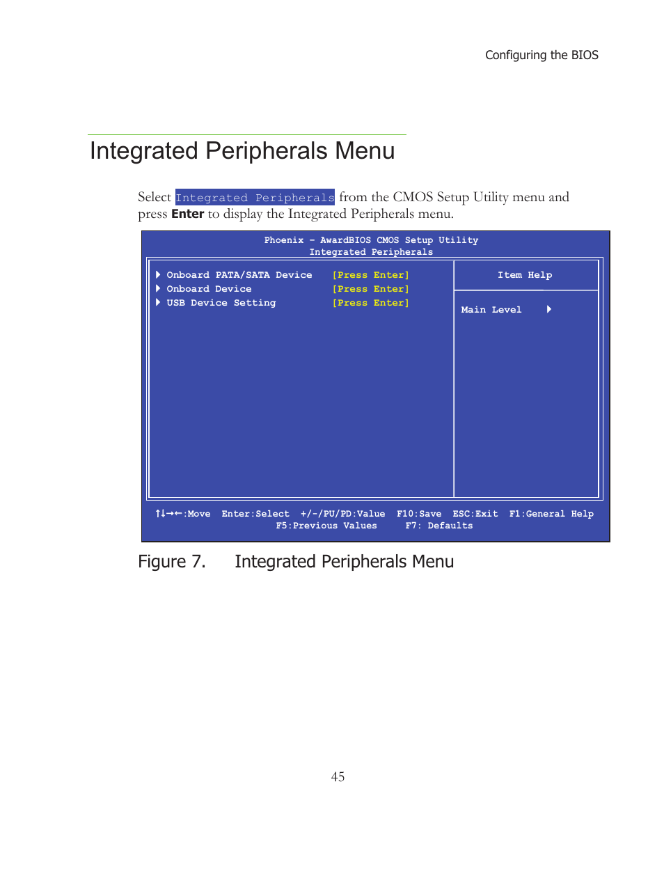 Integrated peripherals menu, Figure 7. integrated peripherals menu, Select | EVGA 121-BL-E756 User Manual | Page 44 / 74