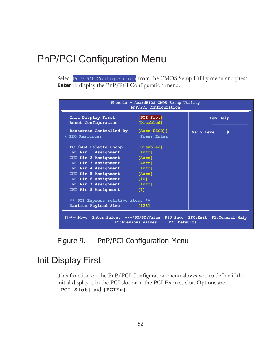 Pnp/pci configuration menu, Init display first, Figure 9. pnp/pci configuration menu | Select | EVGA 121-BL-E756 User Manual | Page 51 / 74