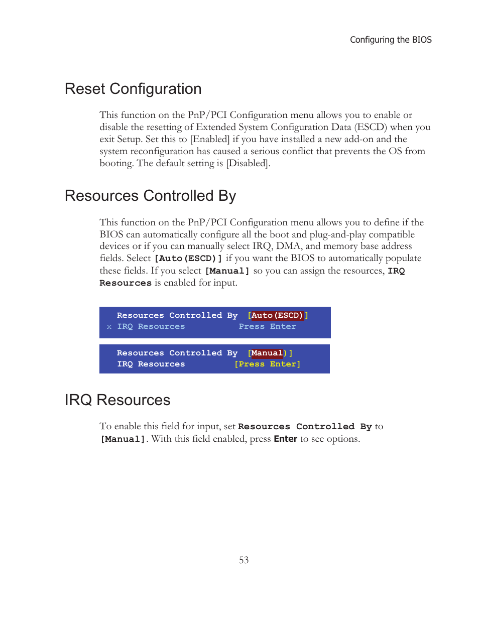 Reset configuration, Resources controlled by, Irq resources | EVGA 121-BL-E756 User Manual | Page 52 / 74