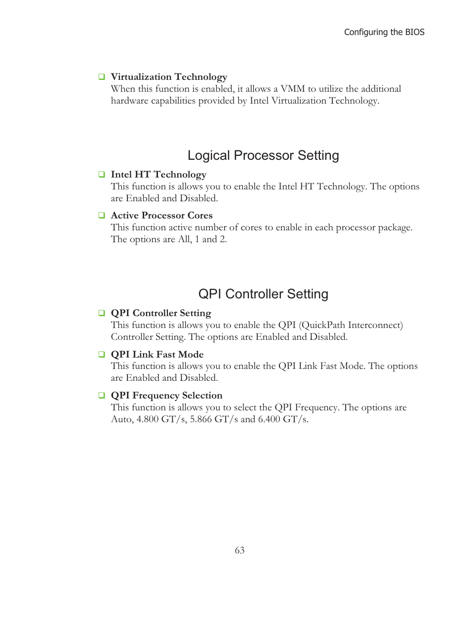 Logical processor setting, Qpi controller setting | EVGA 121-BL-E756 User Manual | Page 62 / 74