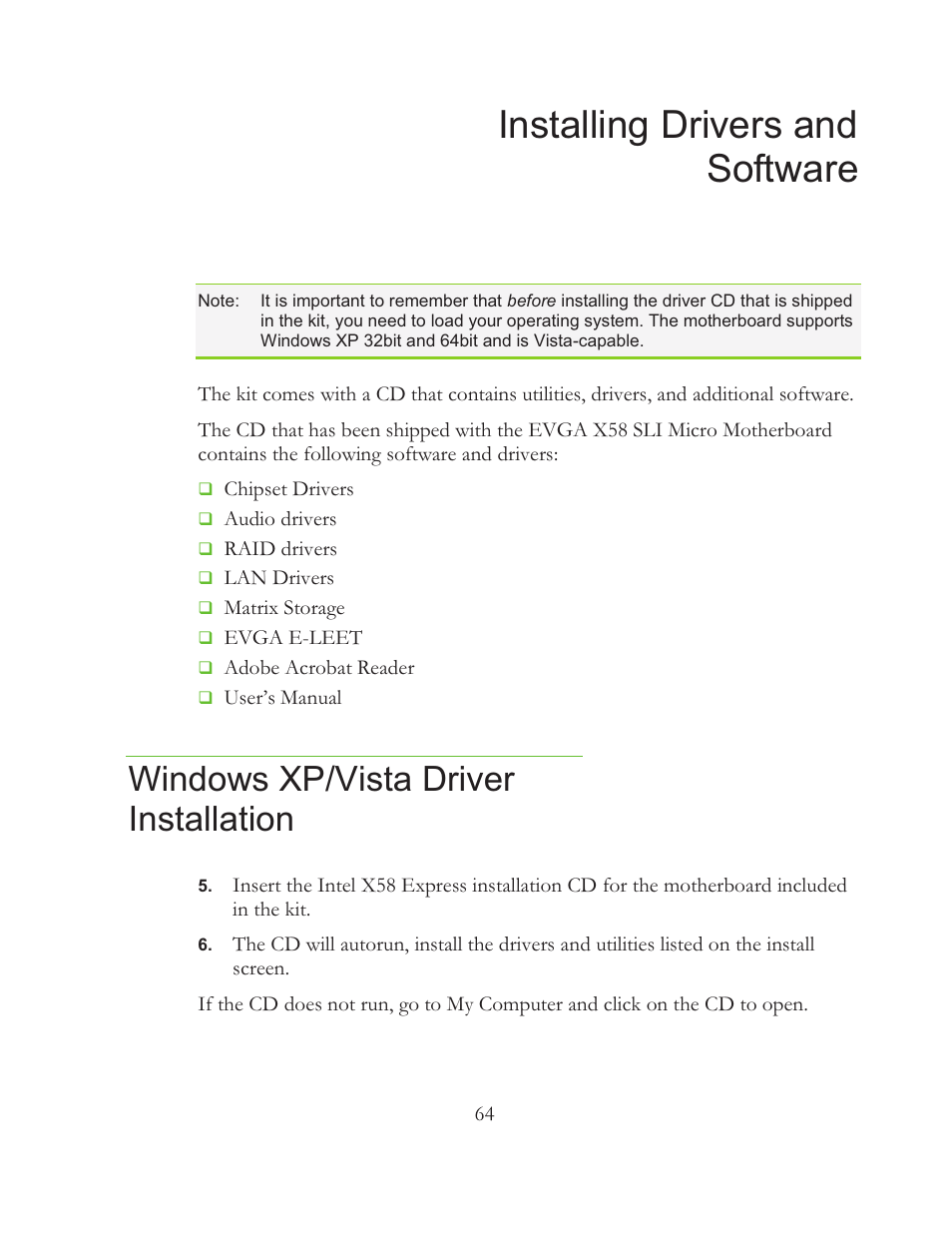 Installing drivers and software, Windows xp/vista driver installation | EVGA 121-BL-E756 User Manual | Page 63 / 74