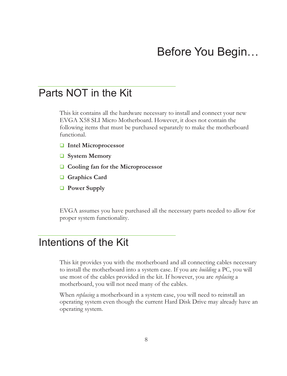 Hiruh<rx%hjlq, Parts not in the kit, Intentions of the kit | EVGA 121-BL-E756 User Manual | Page 7 / 74