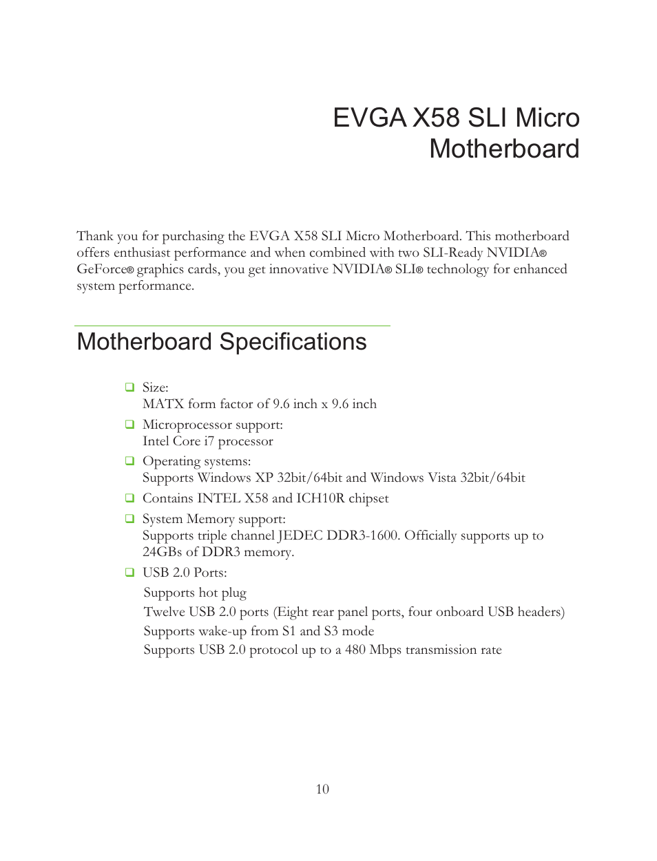 Evga x58 sli micro motherboard, Motherboard specifications | EVGA 121-BL-E756 User Manual | Page 9 / 74