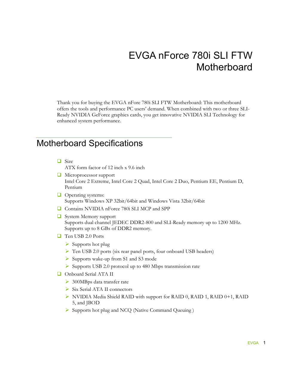 Evga nforce 780i sli ftw motherboard, Motherboard specifications | EVGA force 132-YW-E178 User Manual | Page 11 / 85