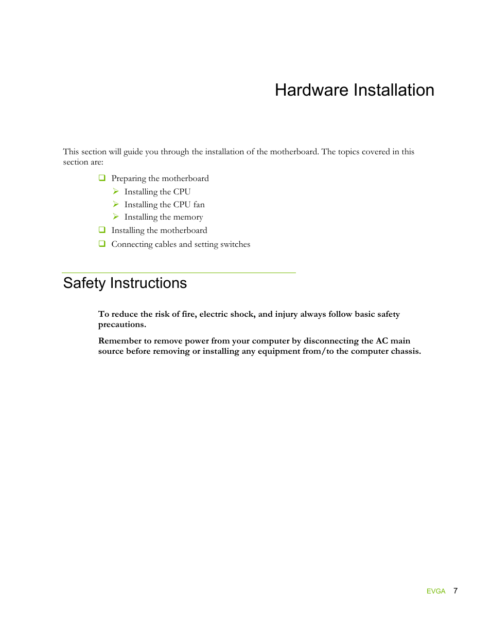 Hardware installation, Safety instructions | EVGA force 132-YW-E178 User Manual | Page 17 / 85