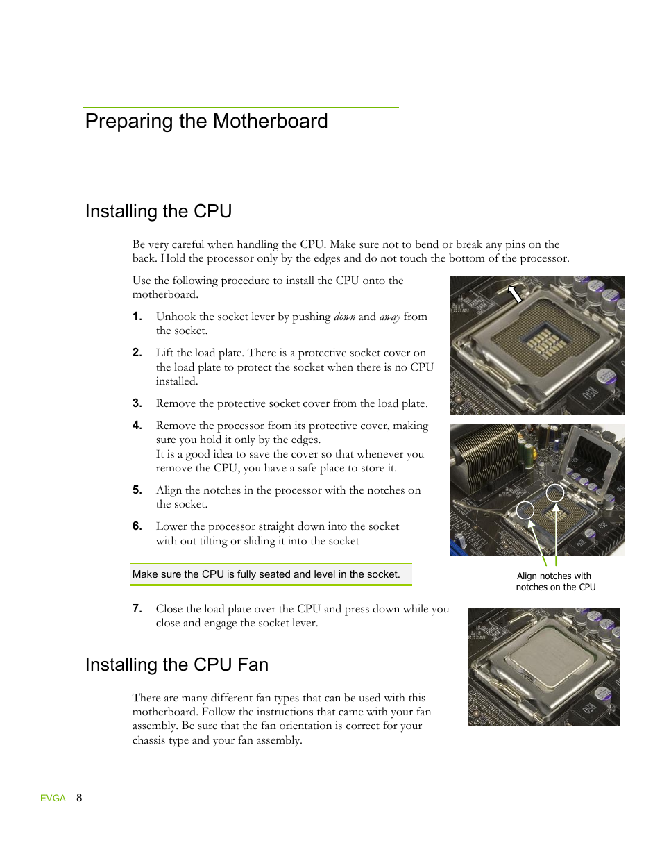 Preparing the motherboard, Installing the cpu, Installing the cpu fan | EVGA force 132-YW-E178 User Manual | Page 18 / 85