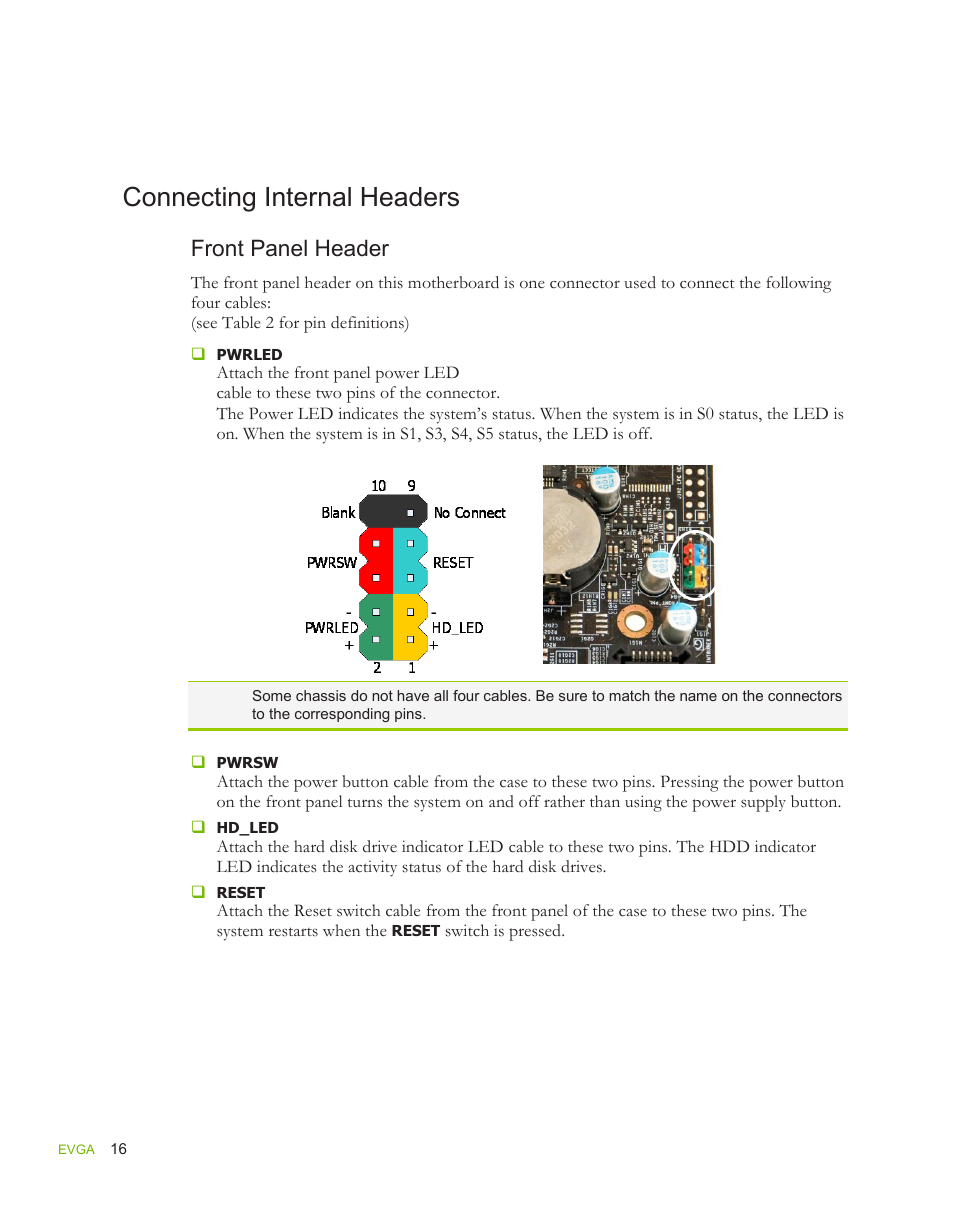 Connecting internal headers, Front panel header | EVGA force 132-YW-E178 User Manual | Page 26 / 85